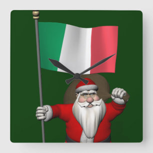 Santa Claus With Ensign Of Italy Square Wall Clock
