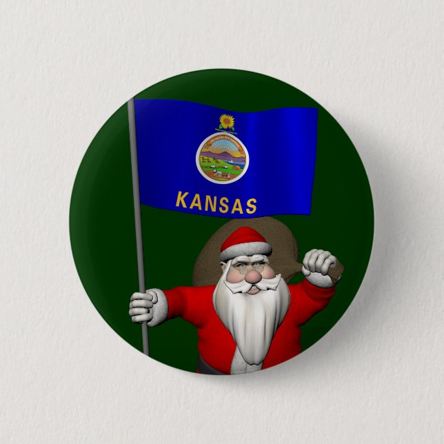 Santa Claus With Ensign Of Kansas 2 Inch Round Button (Front)