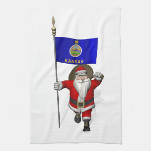 Santa Claus With Ensign Of Kansas Kitchen Towel