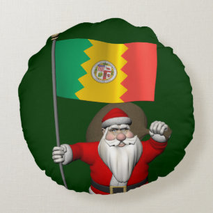 Santa Claus With Ensign Of Los Angeles Round Pillow