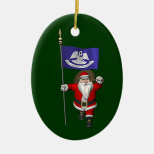 Santa Claus With Ensign Of  Louisiana Ceramic Ornament