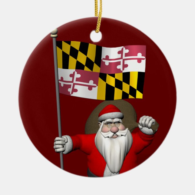Santa Claus With Ensign Of Maryland Ceramic Ornament (Front)