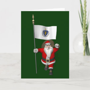 Santa Claus With Ensign Of Massachusetts Holiday Card