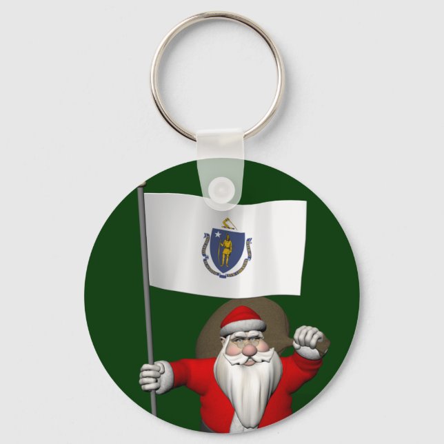 Santa Claus With Ensign Of Massachusetts Keychain (Front)