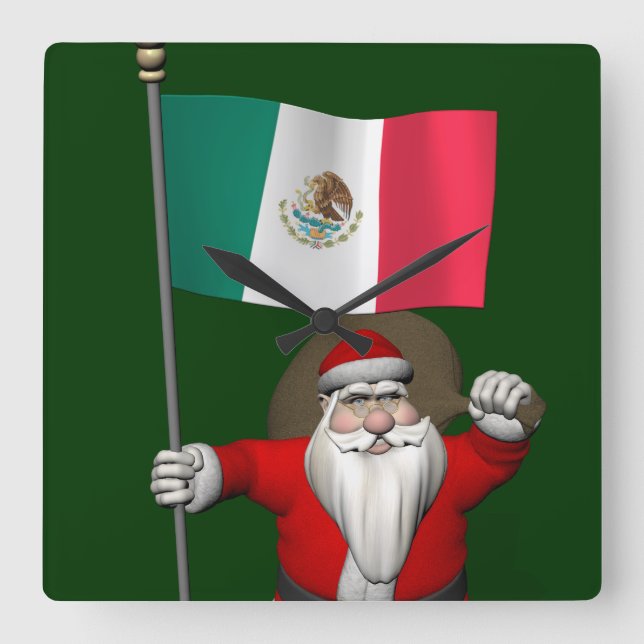 Santa Claus With Ensign Of Mexico Square Wall Clock (Front)