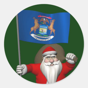 Santa Claus With Ensign Of Michigan Classic Round Sticker