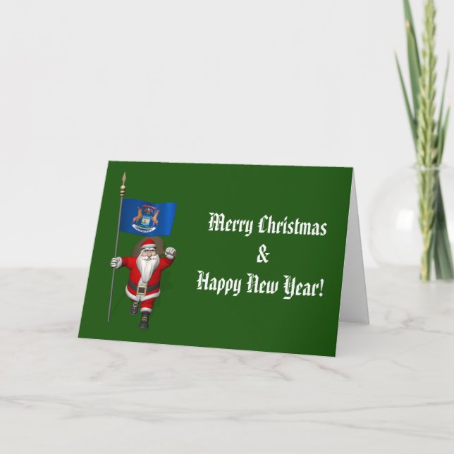 Santa Claus With Ensign Of Michigan Holiday Card (Front)