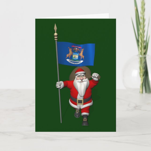 Santa Claus With Ensign Of Michigan Holiday Card (Front)