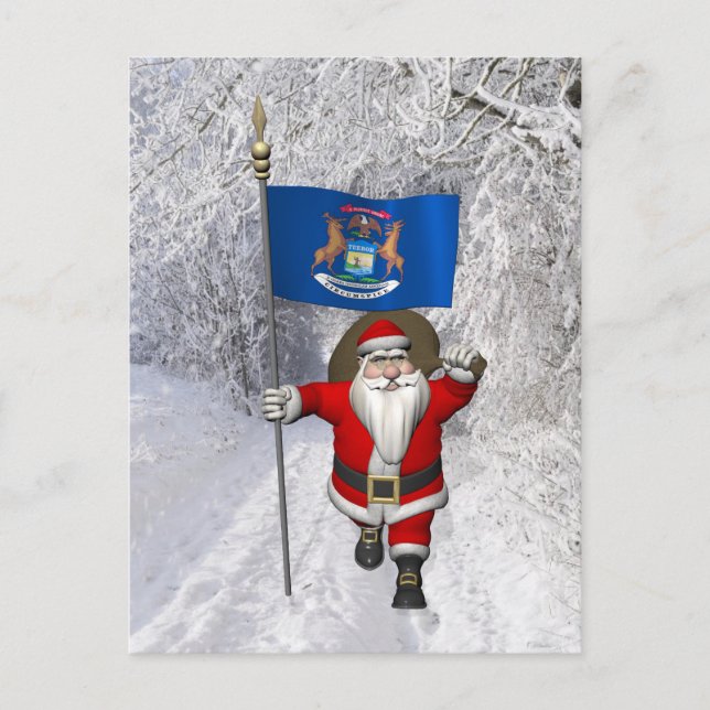Santa Claus With Ensign Of Michigan Holiday Postcard (Front)