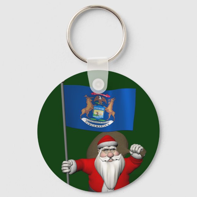 Santa Claus With Ensign Of Michigan Keychain (Front)