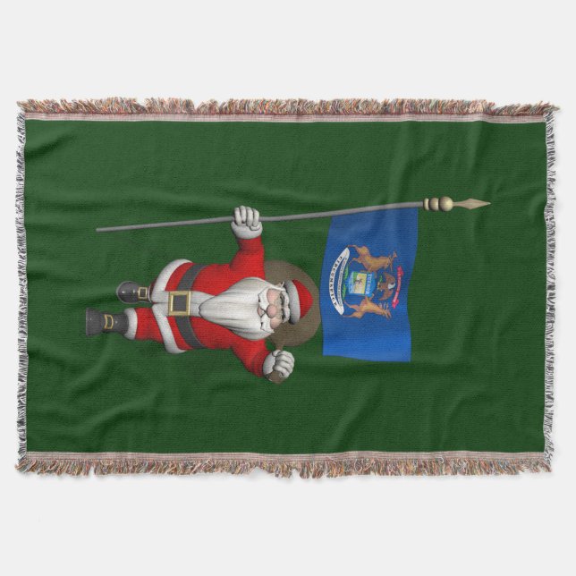 Santa Claus With Ensign Of Michigan Throw Blanket (Front)