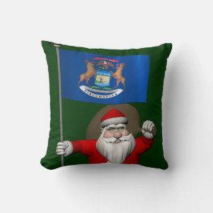 Santa Claus With Ensign Of Michigan Throw Pillow