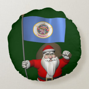 Santa Claus With Ensign Of Minnesota Round Pillow