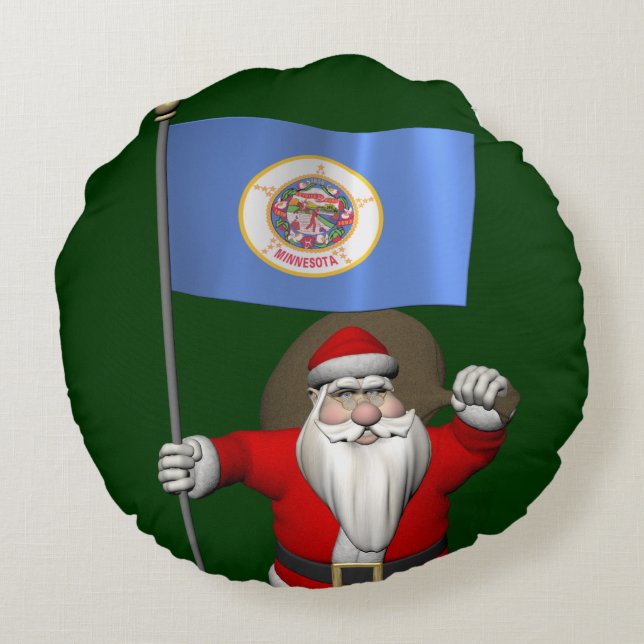 Santa Claus With Ensign Of Minnesota Round Pillow (Back)