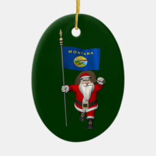 Santa Claus With Ensign Of Montana Ceramic Ornament