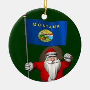 Santa Claus With Ensign Of Montana Ceramic Ornament