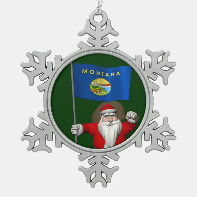 Santa Claus With Ensign Of Montana Snowflake Pewter Christmas Ornament (Front)