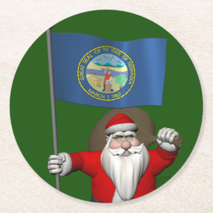 Santa Claus With Ensign Of Nebraska Round Paper Coaster