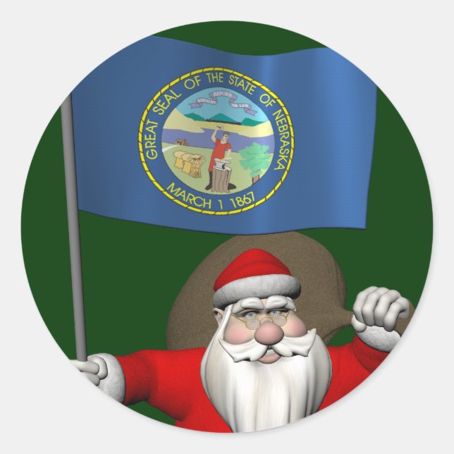 Santa Claus With Ensign Of Nebraska Sticker (Front)