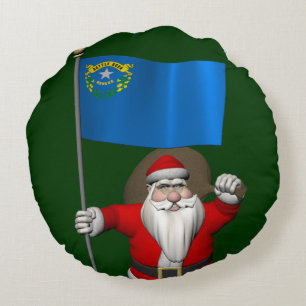 Santa Claus With Ensign Of Nevada Round Pillow