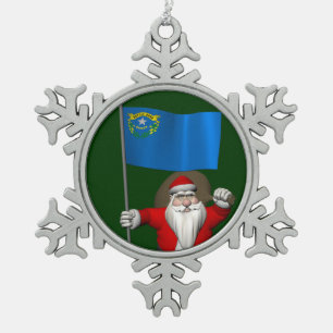 Santa Claus With Ensign Of Nevada Snowflake Pewter Christmas Ornament