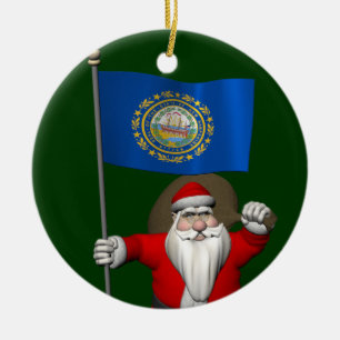 Santa Claus With Ensign Of New Hampshire Ceramic Ornament