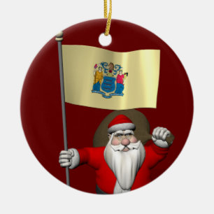 Santa Claus With Ensign Of New Jersey Ceramic Ornament