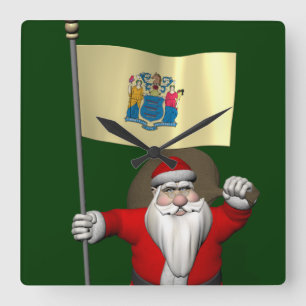 Santa Claus With Ensign Of New Jersey Square Wall Clock