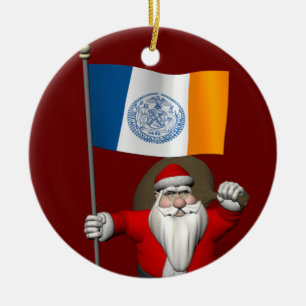 Santa Claus With Ensign Of New York City NY Ceramic Ornament