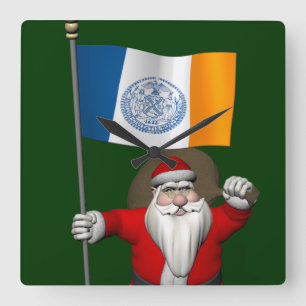 Santa Claus With Ensign Of New York City Square Wall Clock