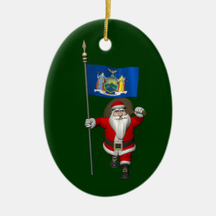 Santa Claus With Ensign Of New York US State Ceramic Ornament
