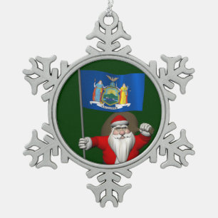 Santa Claus With Ensign Of New York US State Snowflake Pewter Christmas Ornament