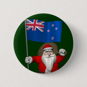 Santa Claus With Ensign Of New Zealand 2 Inch Round Button