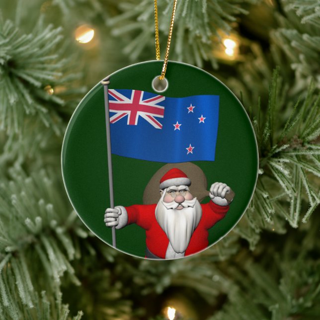 Santa Claus With Ensign Of New Zealand Ceramic Ornament (Tree)