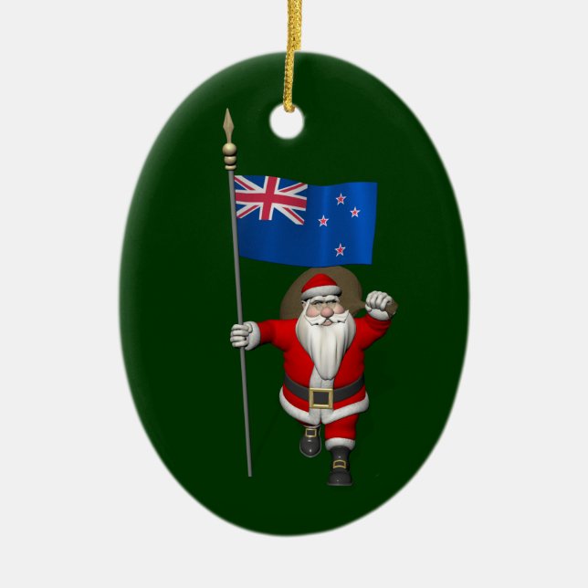 Santa Claus With Ensign Of New Zealand Ceramic Ornament (Front)