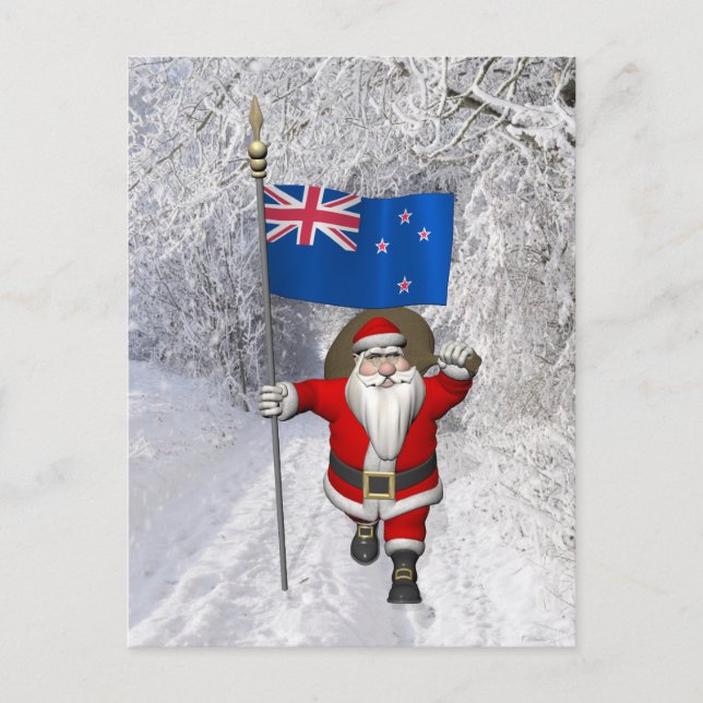 Santa Claus With Ensign Of New Zealand Holiday Postcard (Front)
