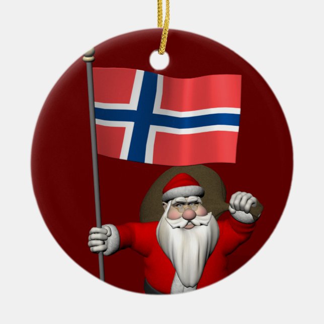 Santa Claus With Ensign Of Norway Ceramic Ornament (Front)