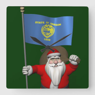 Santa Claus With Ensign Of Oregon Square Wall Clock