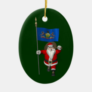 Santa Claus With Ensign Of Pennsylvania Ceramic Ornament