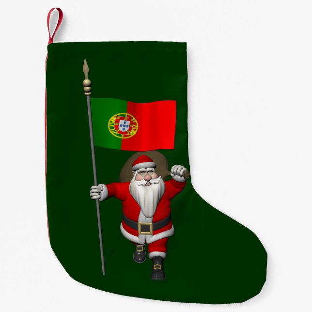 Santa Claus With Ensign Of Portugal Small Christmas Stocking (Front)