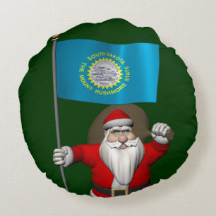 Santa Claus With Ensign Of South Dakota Round Pillow