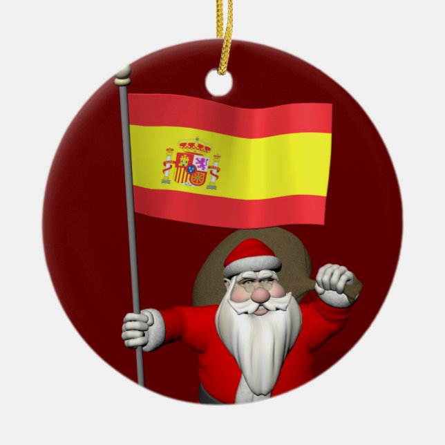 Santa Claus With Ensign Of Spain Ceramic Ornament (Front)
