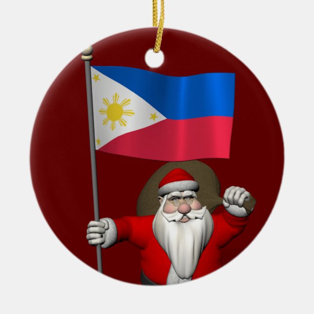 Santa Claus With Ensign Of The Philippines Ceramic Ornament (Front)