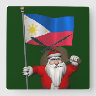 Santa Claus With Ensign Of The Philippines Square Wall Clock
