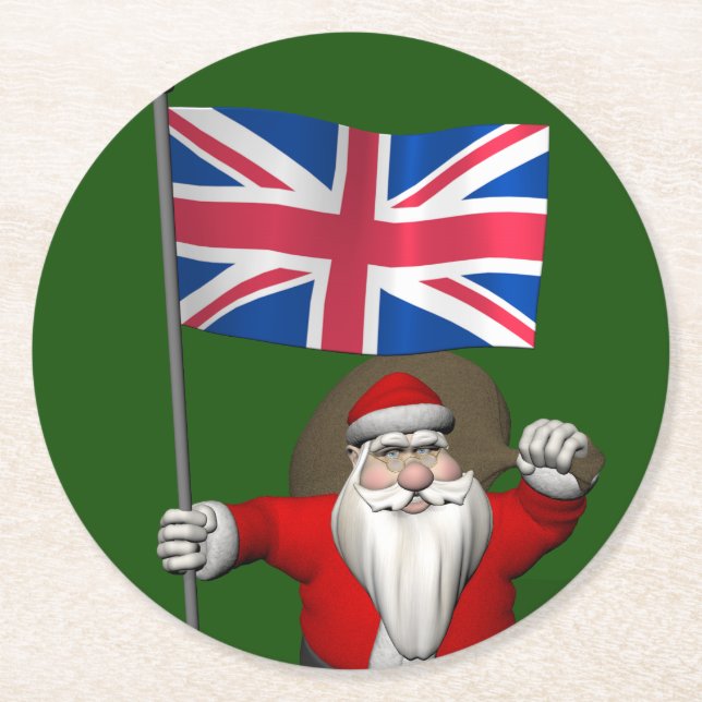 Santa Claus With Ensign Of The UK Round Paper Coaster (Front)