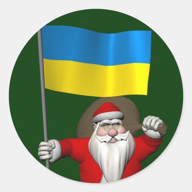 Santa Claus With Ensign Of The Ukraine Classic Round Sticker (Front)