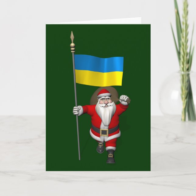 Santa Claus With Ensign Of The Ukraine Holiday Card (Front)