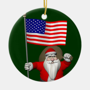 Santa Claus With Ensign Of The USA Ceramic Ornament