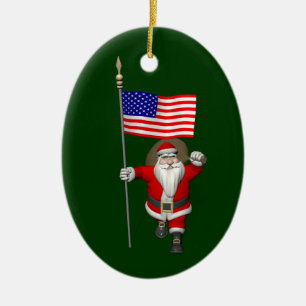 Santa Claus With Ensign Of The USA Ceramic Ornament