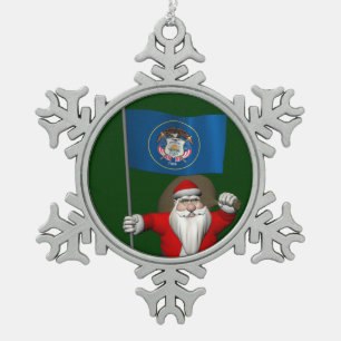 Santa Claus With Ensign Of Utah Snowflake Pewter Christmas Ornament